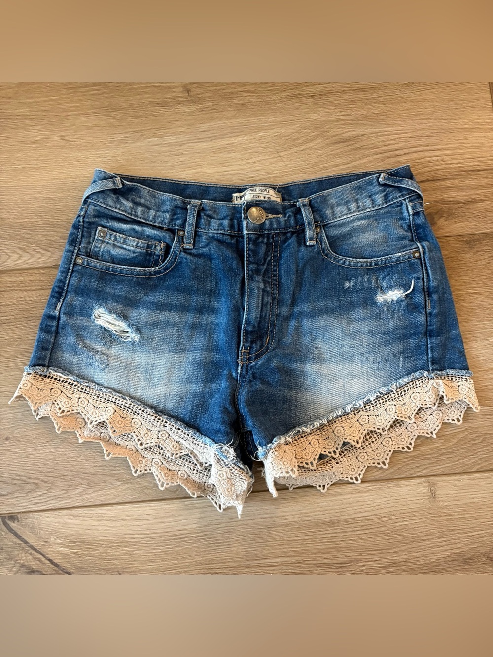 Free People Denim Shorts with Lace Hem